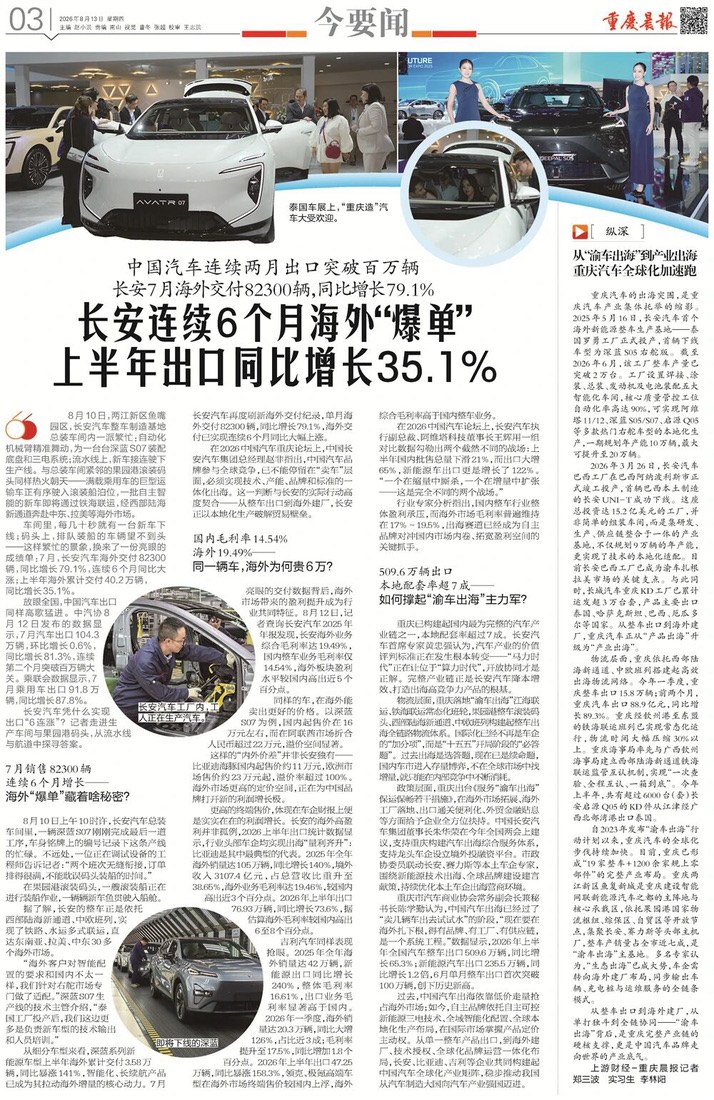 《重庆晨报》第 03 版今要闻：长安连续 6 个月海外「爆单」，上半年出口同比增长 35.1%